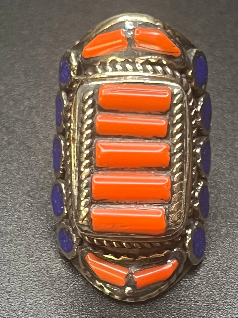 Southwestern Style Orange blue Inlay Statement Ring. Unmarked, not tested